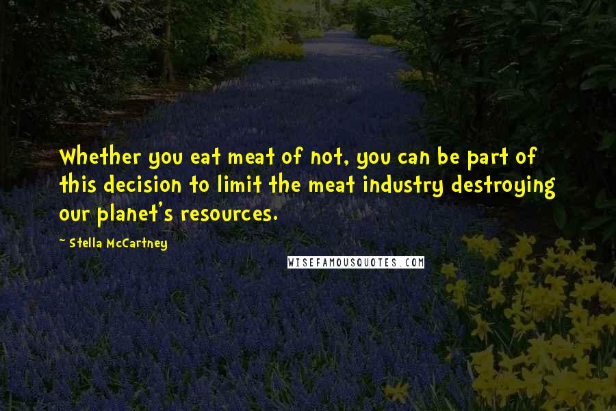 Stella McCartney Quotes: Whether you eat meat of not, you can be part of this decision to limit the meat industry destroying our planet's resources.