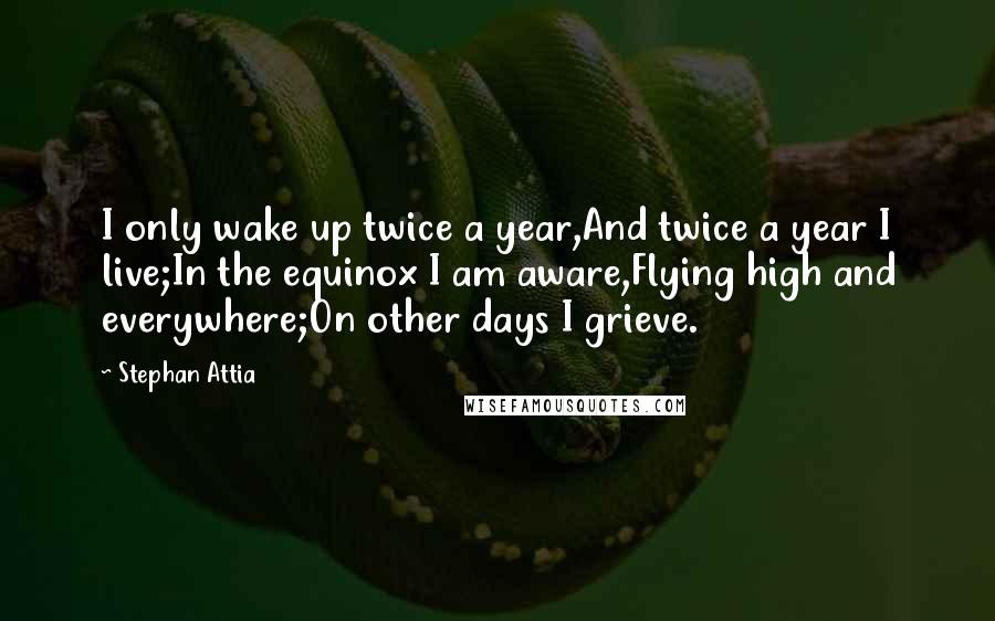 Stephan Attia Quotes: I only wake up twice a year,And twice a year I live;In the equinox I am aware,Flying high and everywhere;On other days I grieve.