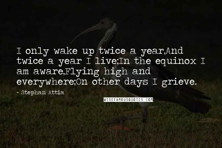 Stephan Attia Quotes: I only wake up twice a year,And twice a year I live;In the equinox I am aware,Flying high and everywhere;On other days I grieve.