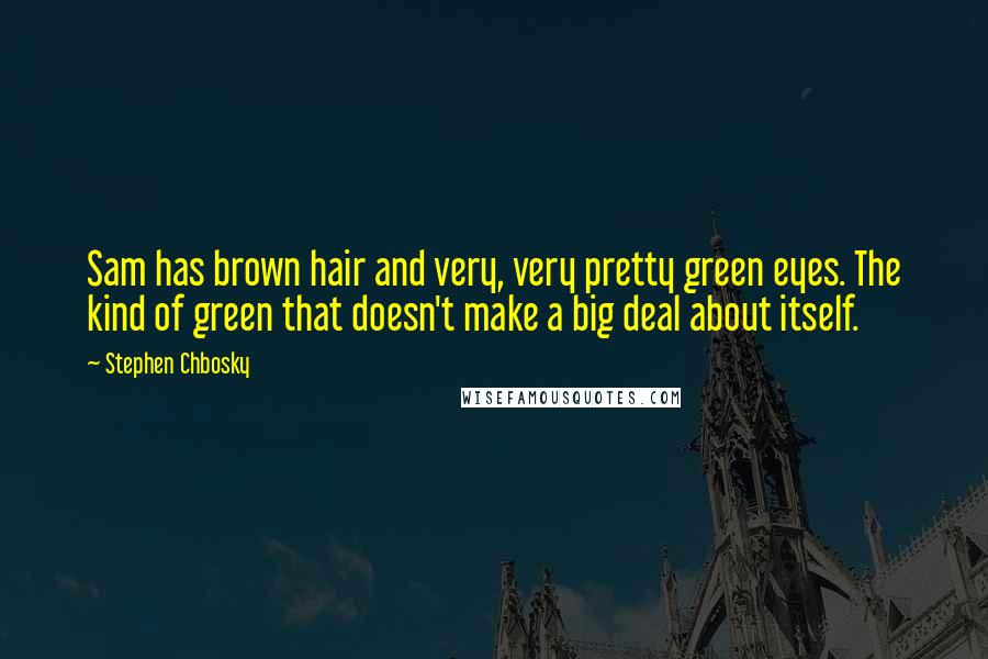 Stephen Chbosky Quotes: Sam has brown hair and very, very pretty green eyes. The kind of green that doesn't make a big deal about itself.
