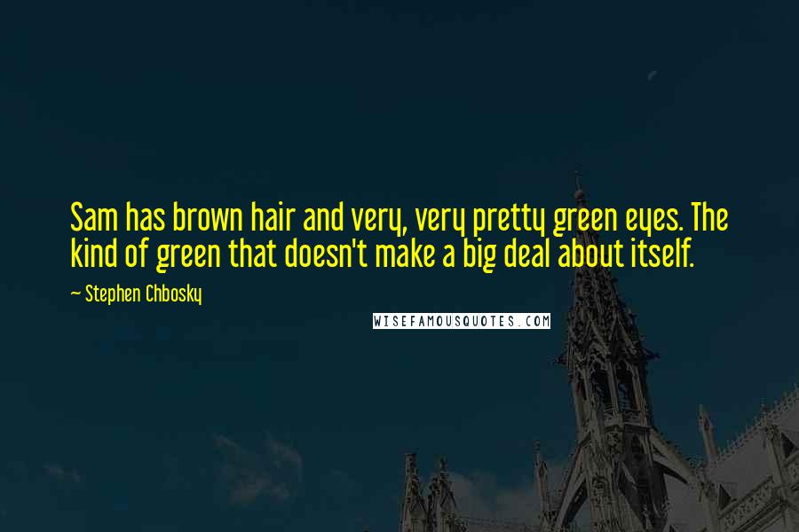 Stephen Chbosky Quotes: Sam has brown hair and very, very pretty green eyes. The kind of green that doesn't make a big deal about itself.