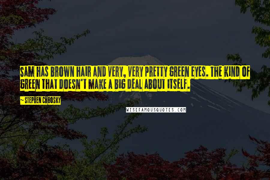 Stephen Chbosky Quotes: Sam has brown hair and very, very pretty green eyes. The kind of green that doesn't make a big deal about itself.