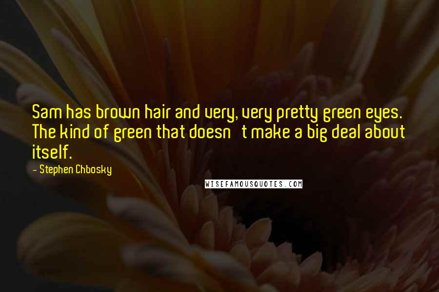 Stephen Chbosky Quotes: Sam has brown hair and very, very pretty green eyes. The kind of green that doesn't make a big deal about itself.