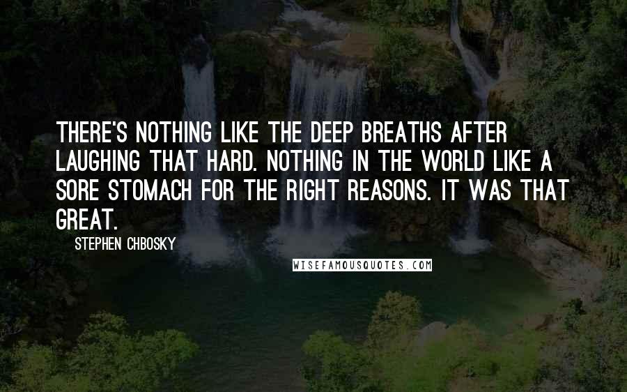 Stephen Chbosky Quotes: There's nothing like the deep breaths after laughing that hard. Nothing in the world like a sore stomach for the right reasons. It was that great.