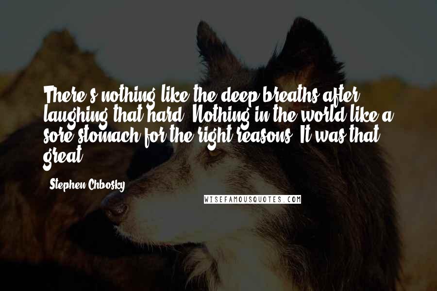 Stephen Chbosky Quotes: There's nothing like the deep breaths after laughing that hard. Nothing in the world like a sore stomach for the right reasons. It was that great.