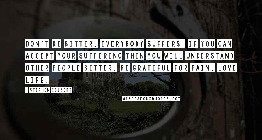 Stephen Colbert Quotes: Don't be bitter. Everybody suffers. If you can accept your suffering then you will understand other people better. Be grateful for pain. Love life.