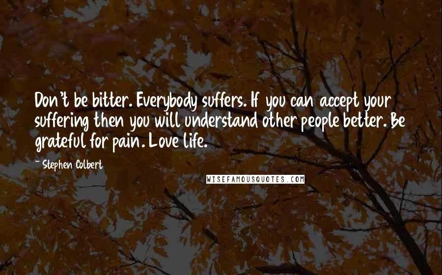 Stephen Colbert Quotes: Don't be bitter. Everybody suffers. If you can accept your suffering then you will understand other people better. Be grateful for pain. Love life.