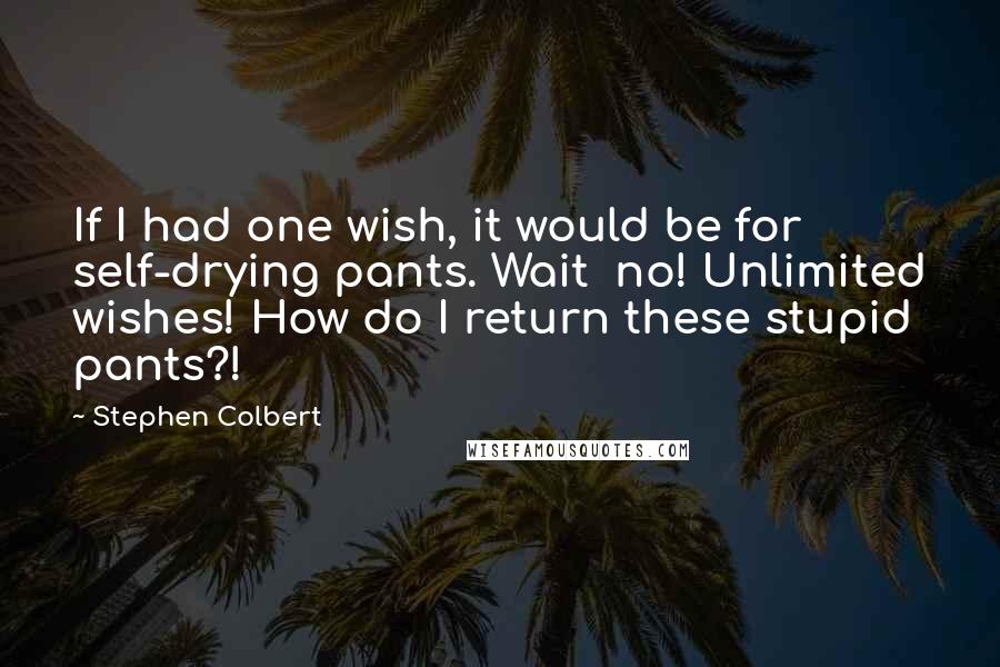 Stephen Colbert Quotes: If I had one wish, it would be for self-drying pants. Wait  no! Unlimited wishes! How do I return these stupid pants?!