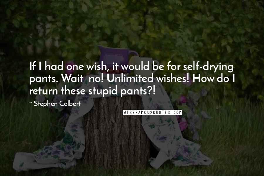 Stephen Colbert Quotes: If I had one wish, it would be for self-drying pants. Wait  no! Unlimited wishes! How do I return these stupid pants?!