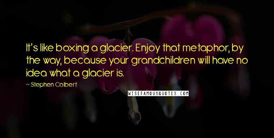 Stephen Colbert Quotes: It's like boxing a glacier. Enjoy that metaphor, by the way, because your grandchildren will have no idea what a glacier is.