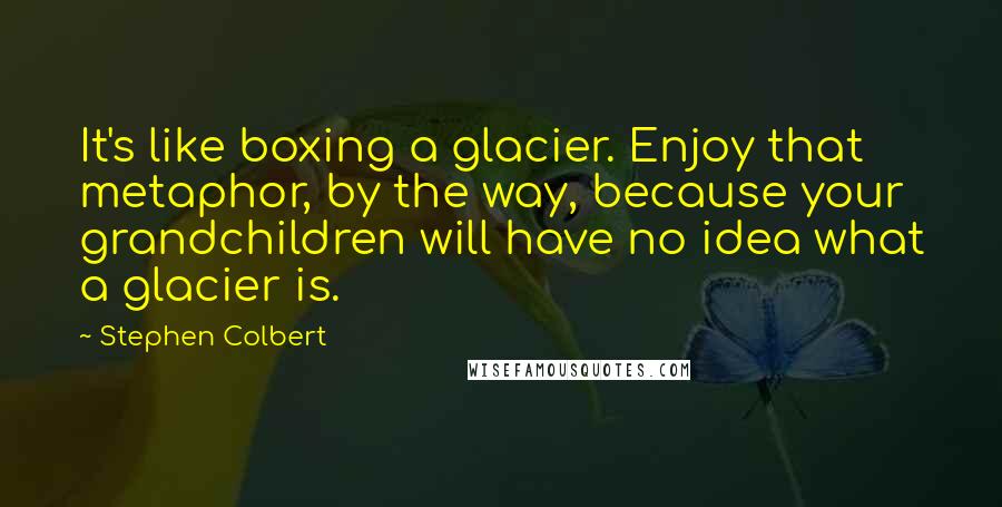 Stephen Colbert Quotes: It's like boxing a glacier. Enjoy that metaphor, by the way, because your grandchildren will have no idea what a glacier is.