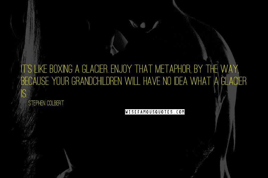 Stephen Colbert Quotes: It's like boxing a glacier. Enjoy that metaphor, by the way, because your grandchildren will have no idea what a glacier is.