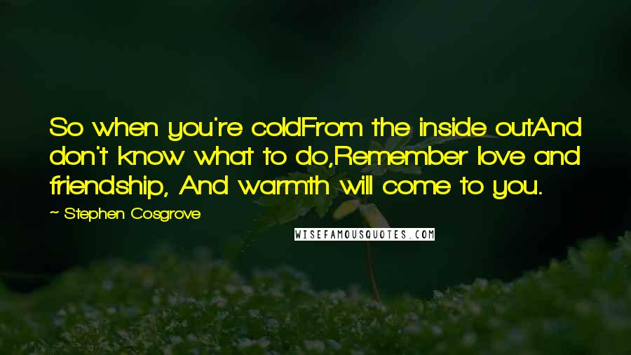 Stephen Cosgrove Quotes: So when you're coldFrom the inside outAnd don't know what to do,Remember love and friendship, And warmth will come to you.