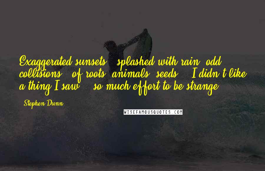 Stephen Dunn Quotes: Exaggerated sunsets / splashed with rain, odd collisions / of roots, animals, seeds. / I didn't like a thing I saw, / so much effort to be strange.