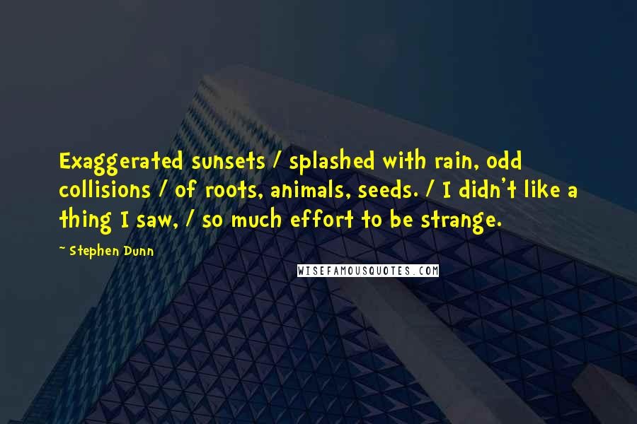 Stephen Dunn Quotes: Exaggerated sunsets / splashed with rain, odd collisions / of roots, animals, seeds. / I didn't like a thing I saw, / so much effort to be strange.