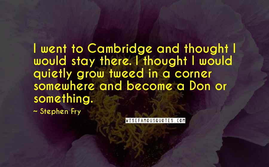 Stephen Fry Quotes: I went to Cambridge and thought I would stay there. I thought I would quietly grow tweed in a corner somewhere and become a Don or something.