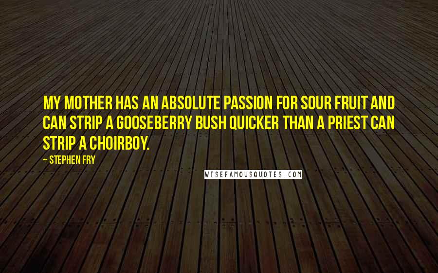 Stephen Fry Quotes: My mother has an absolute passion for sour fruit and can strip a gooseberry bush quicker than a priest can strip a choirboy.