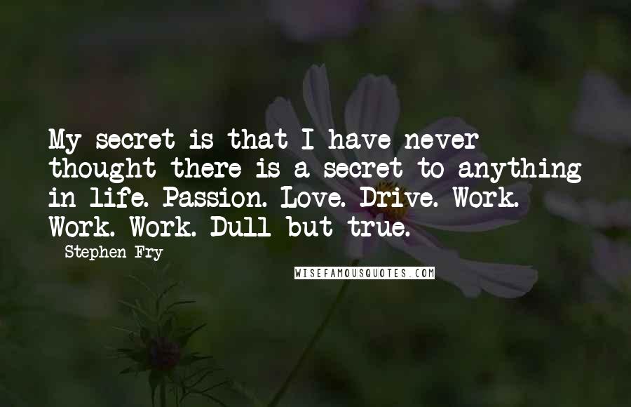 Stephen Fry Quotes: My secret is that I have never thought there is a secret to anything in life. Passion. Love. Drive. Work. Work. Work. Dull but true.