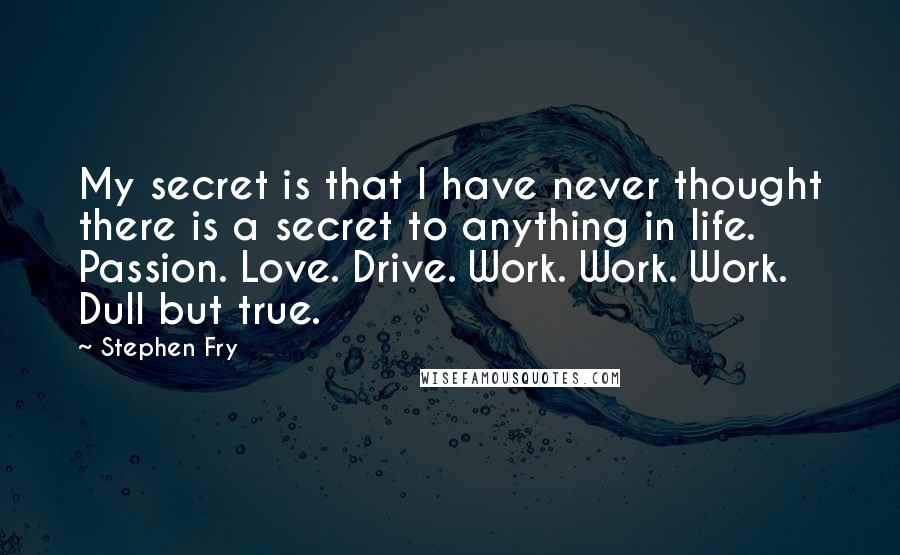 Stephen Fry Quotes: My secret is that I have never thought there is a secret to anything in life. Passion. Love. Drive. Work. Work. Work. Dull but true.