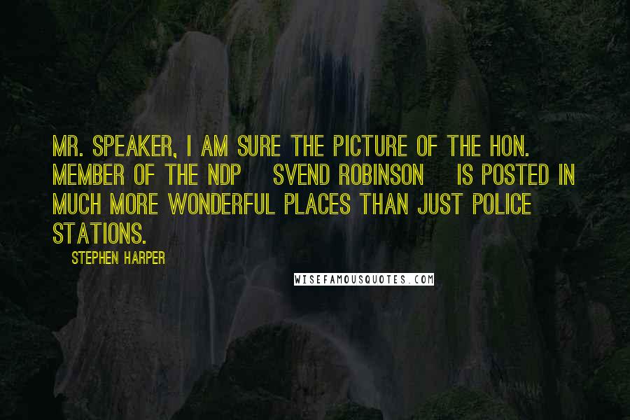 Stephen Harper Quotes: Mr. Speaker, I am sure the picture of the hon. member of the NDP [Svend Robinson] is posted in much more wonderful places than just police stations.
