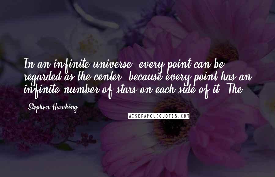 Stephen Hawking Quotes: In an infinite universe, every point can be regarded as the center, because every point has an infinite number of stars on each side of it. The