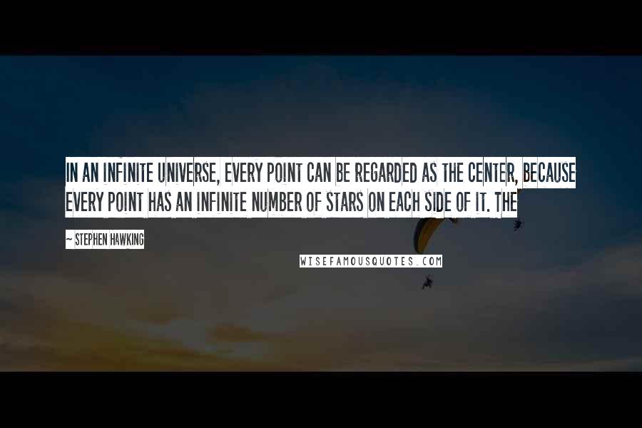 Stephen Hawking Quotes: In an infinite universe, every point can be regarded as the center, because every point has an infinite number of stars on each side of it. The