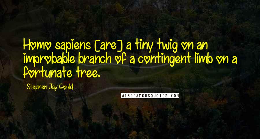 Stephen Jay Gould Quotes: Homo sapiens [are] a tiny twig on an improbable branch of a contingent limb on a fortunate tree.