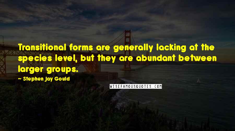 Stephen Jay Gould Quotes: Transitional forms are generally lacking at the species level, but they are abundant between larger groups.