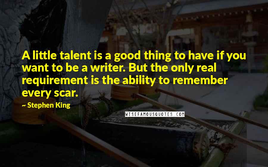 Stephen King Quotes: A little talent is a good thing to have if you want to be a writer. But the only real requirement is the ability to remember every scar.