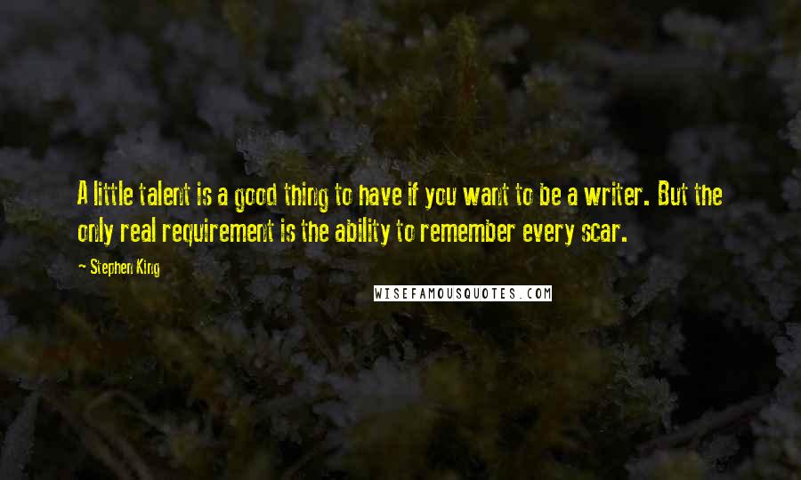 Stephen King Quotes: A little talent is a good thing to have if you want to be a writer. But the only real requirement is the ability to remember every scar.