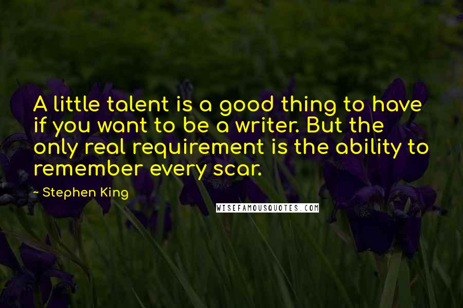 Stephen King Quotes: A little talent is a good thing to have if you want to be a writer. But the only real requirement is the ability to remember every scar.