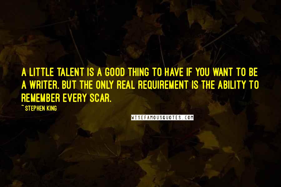 Stephen King Quotes: A little talent is a good thing to have if you want to be a writer. But the only real requirement is the ability to remember every scar.