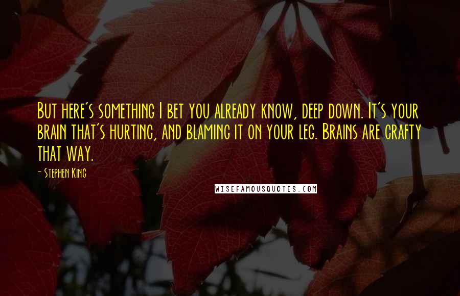 Stephen King Quotes: But here's something I bet you already know, deep down. It's your brain that's hurting, and blaming it on your leg. Brains are crafty that way.