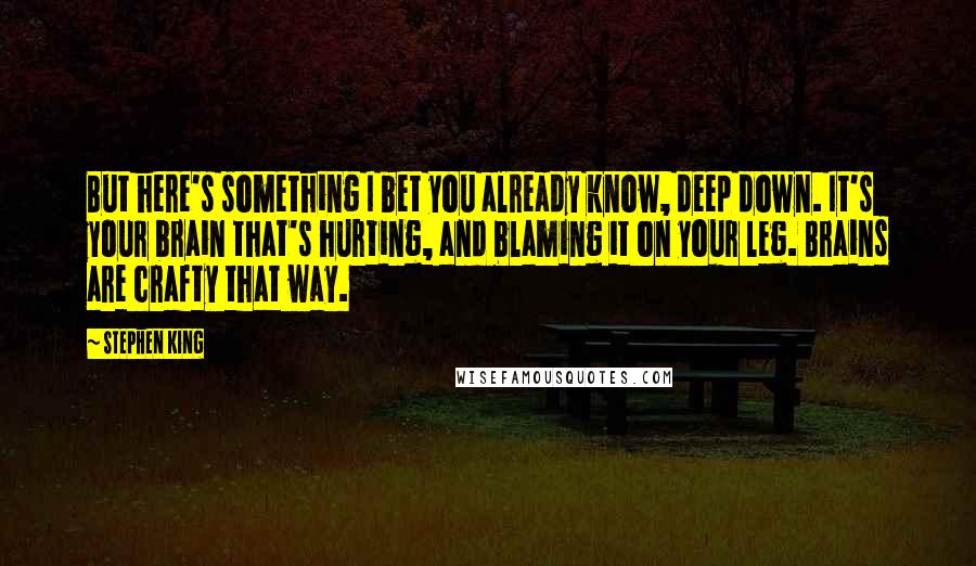 Stephen King Quotes: But here's something I bet you already know, deep down. It's your brain that's hurting, and blaming it on your leg. Brains are crafty that way.