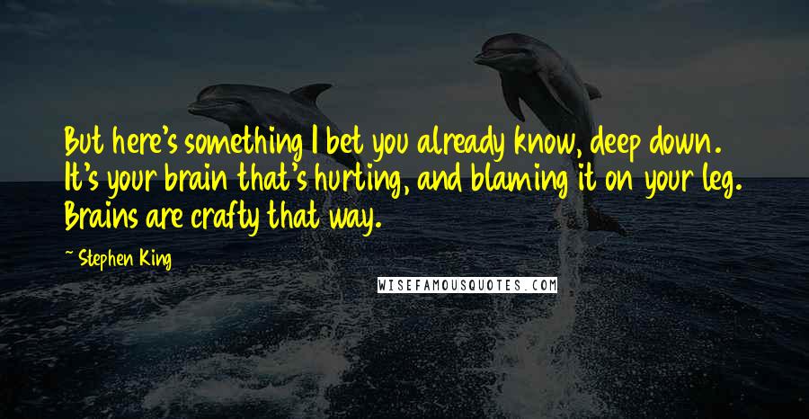 Stephen King Quotes: But here's something I bet you already know, deep down. It's your brain that's hurting, and blaming it on your leg. Brains are crafty that way.