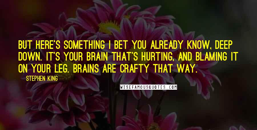 Stephen King Quotes: But here's something I bet you already know, deep down. It's your brain that's hurting, and blaming it on your leg. Brains are crafty that way.