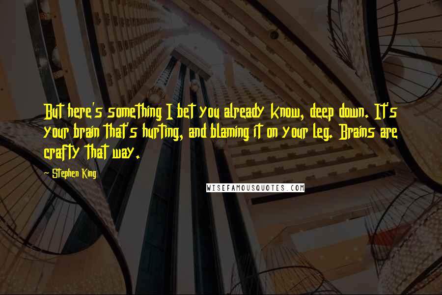 Stephen King Quotes: But here's something I bet you already know, deep down. It's your brain that's hurting, and blaming it on your leg. Brains are crafty that way.