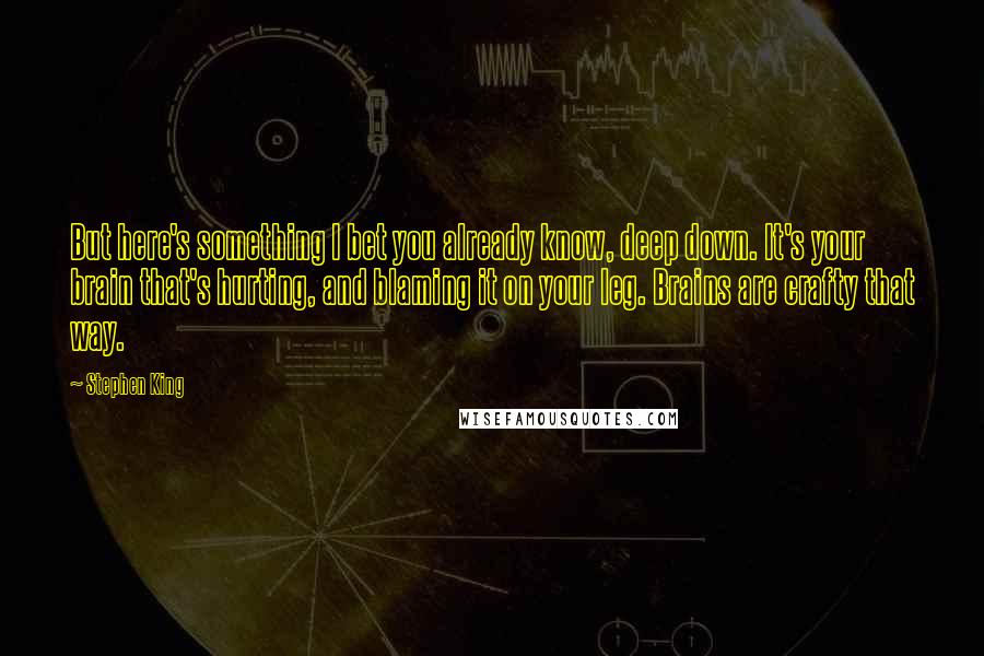 Stephen King Quotes: But here's something I bet you already know, deep down. It's your brain that's hurting, and blaming it on your leg. Brains are crafty that way.