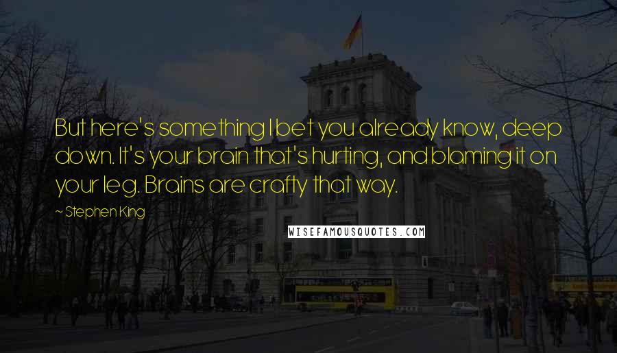 Stephen King Quotes: But here's something I bet you already know, deep down. It's your brain that's hurting, and blaming it on your leg. Brains are crafty that way.