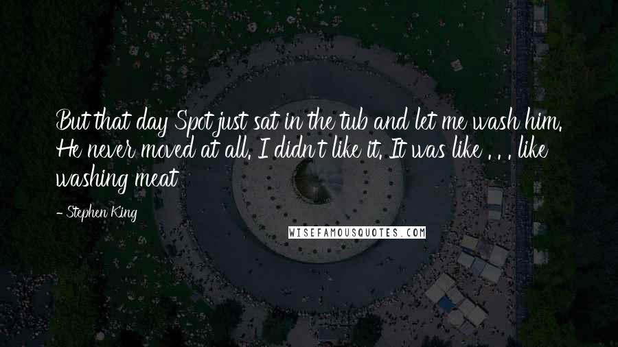 Stephen King Quotes: But that day Spot just sat in the tub and let me wash him. He never moved at all. I didn't like it. It was like . . . like washing meat