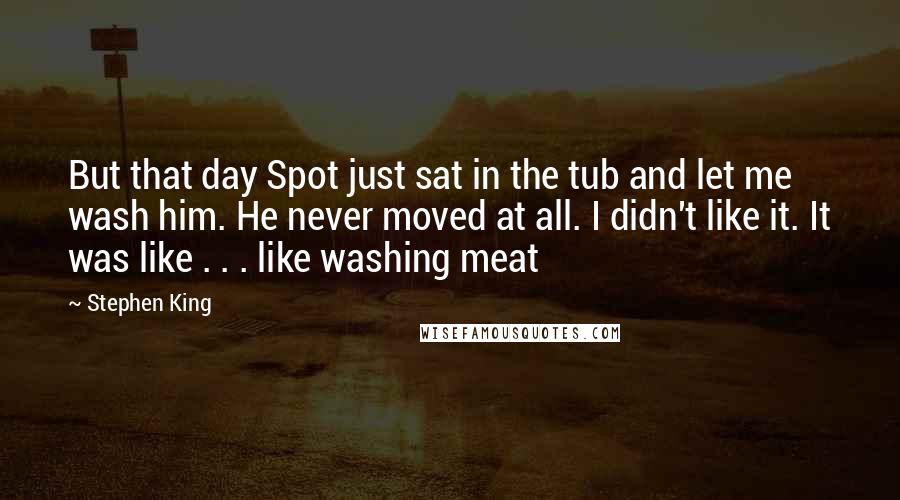Stephen King Quotes: But that day Spot just sat in the tub and let me wash him. He never moved at all. I didn't like it. It was like . . . like washing meat