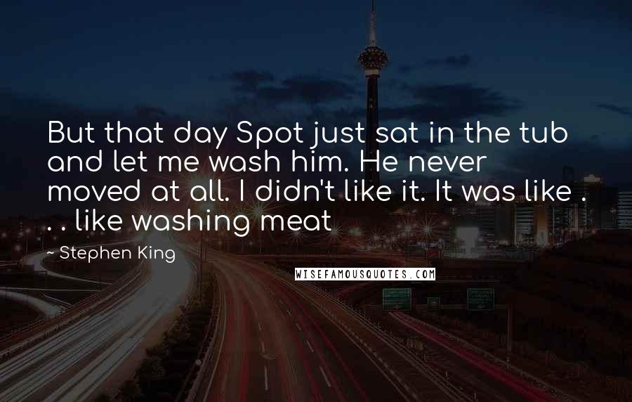 Stephen King Quotes: But that day Spot just sat in the tub and let me wash him. He never moved at all. I didn't like it. It was like . . . like washing meat