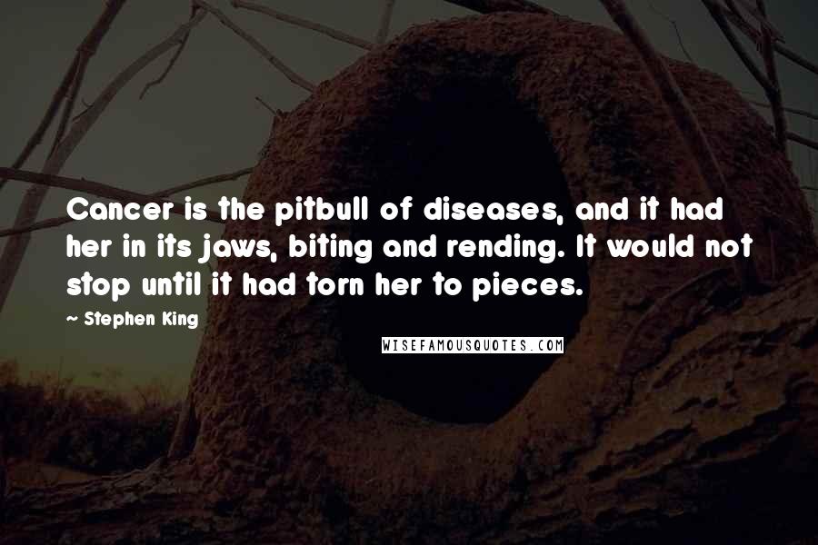 Stephen King Quotes: Cancer is the pitbull of diseases, and it had her in its jaws, biting and rending. It would not stop until it had torn her to pieces.