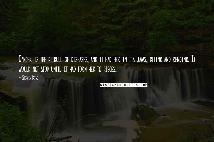 Stephen King Quotes: Cancer is the pitbull of diseases, and it had her in its jaws, biting and rending. It would not stop until it had torn her to pieces.