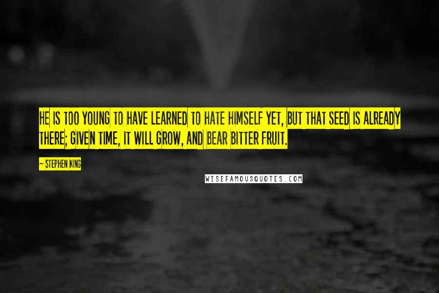 Stephen King Quotes: He is too young to have learned to hate himself yet, but that seed is already there; given time, it will grow, and bear bitter fruit.