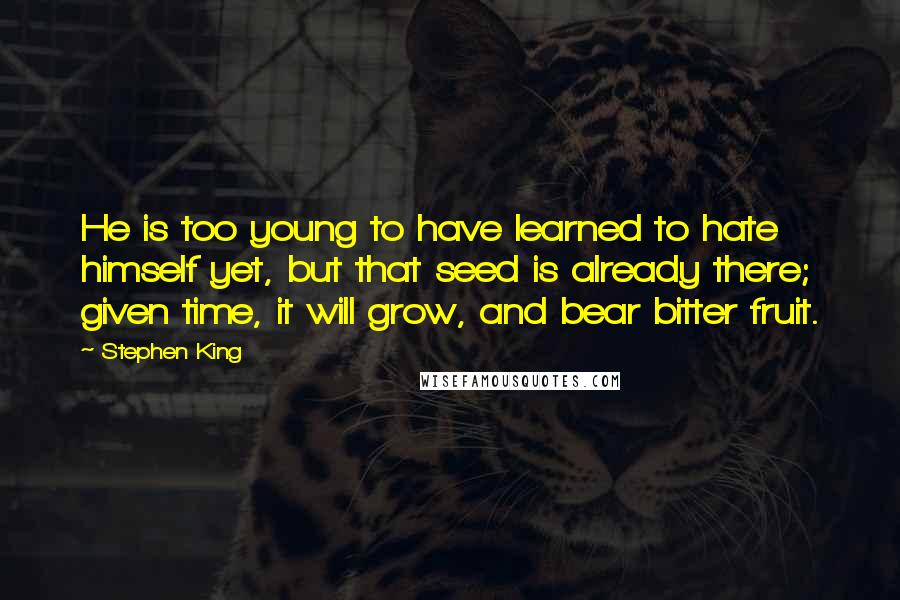 Stephen King Quotes: He is too young to have learned to hate himself yet, but that seed is already there; given time, it will grow, and bear bitter fruit.