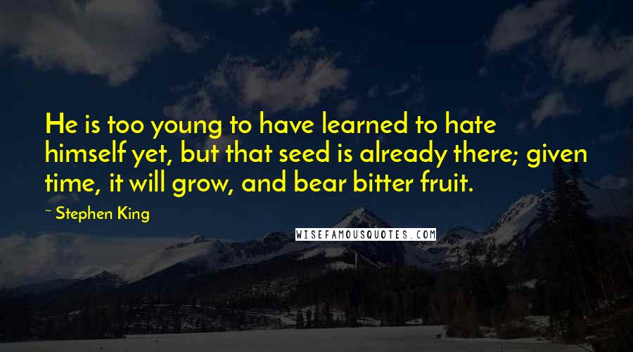 Stephen King Quotes: He is too young to have learned to hate himself yet, but that seed is already there; given time, it will grow, and bear bitter fruit.