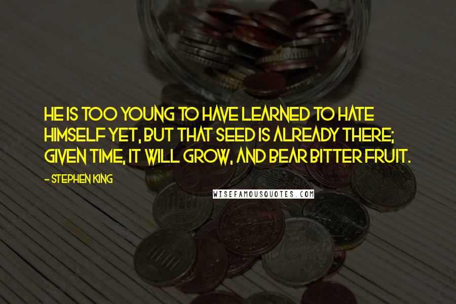 Stephen King Quotes: He is too young to have learned to hate himself yet, but that seed is already there; given time, it will grow, and bear bitter fruit.