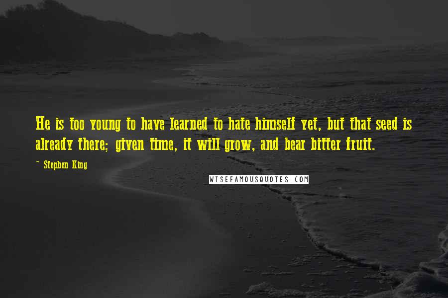 Stephen King Quotes: He is too young to have learned to hate himself yet, but that seed is already there; given time, it will grow, and bear bitter fruit.