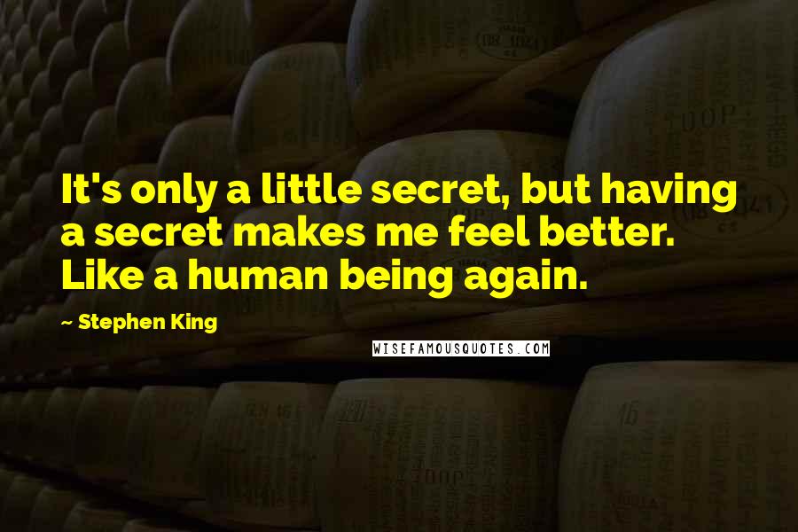 Stephen King Quotes: It's only a little secret, but having a secret makes me feel better. Like a human being again.